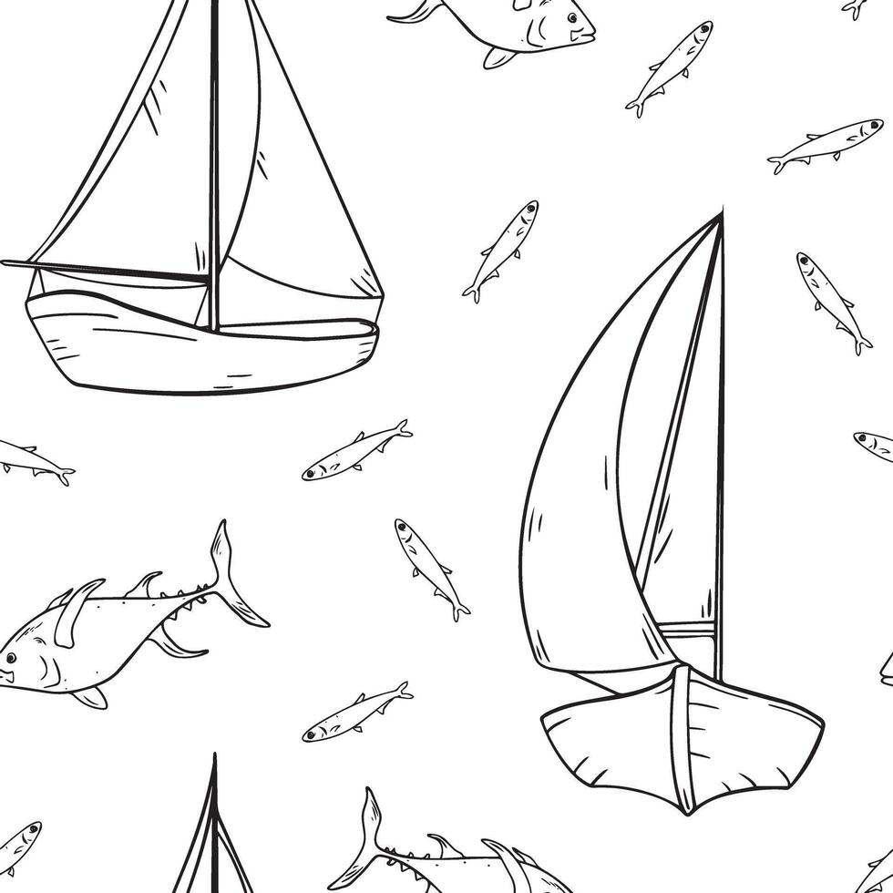 Seamless pattern monochrome of sailing ships isolated. Sailboat water transport big and small fish black and white graphic hand drawn. Childish nautical endless outline design background. vector