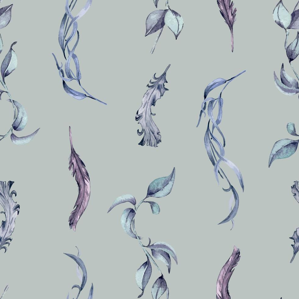 Black Gray feathers and leaves seamless pattern isolated on blue background. Gothic floral background hand drawn. Dark Wedding Decoration in vintage style. Element for invitation, backdrop, paper. vector