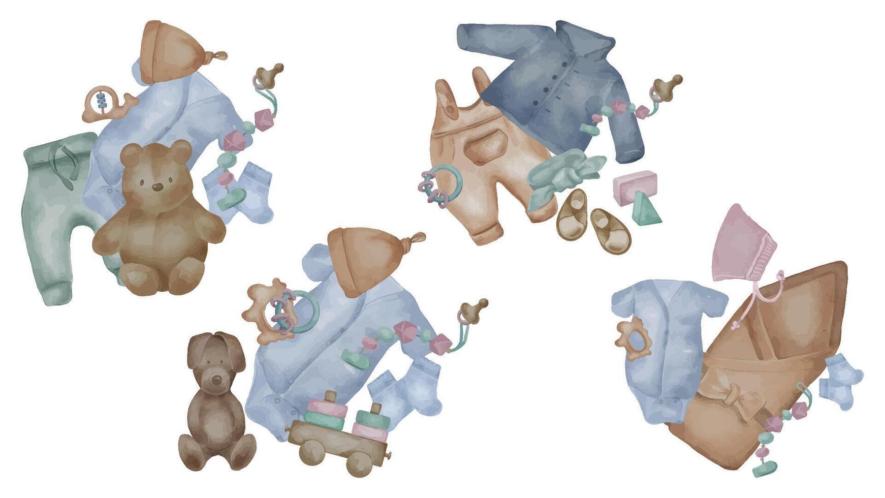 Set of compositions with baby clothes in watercolor isolated on white background. Toddler romper suit and jacket . Baby cap and toys in pastel shades. Elements for birthday cards or newborn shower vector