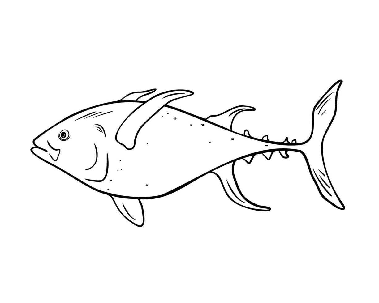 Single tuna fish black and white illustration isolated. Kingfish hand drawn ink silhouette. Simple fish King Mackerel contour. Yellowtail in line art for package, label, menu, market vector