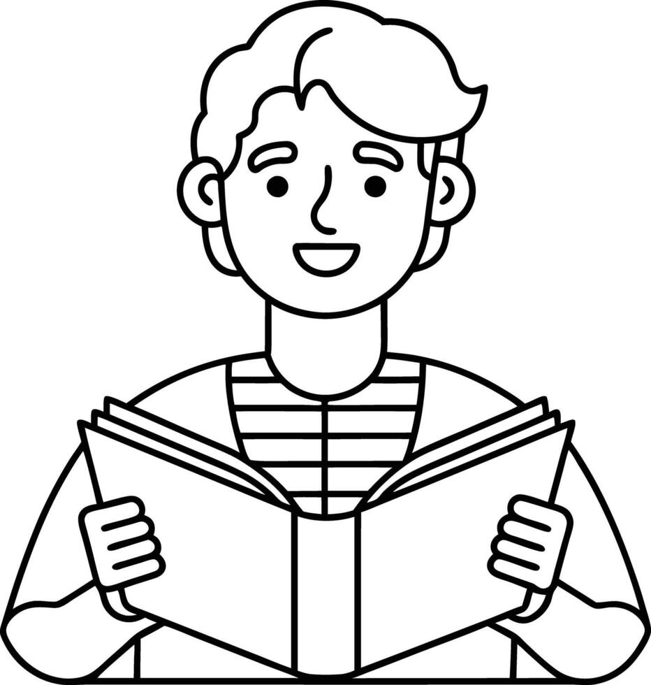 2D illustration of man reading book black and white silhouette on white transparent background for children's cartoon book vector