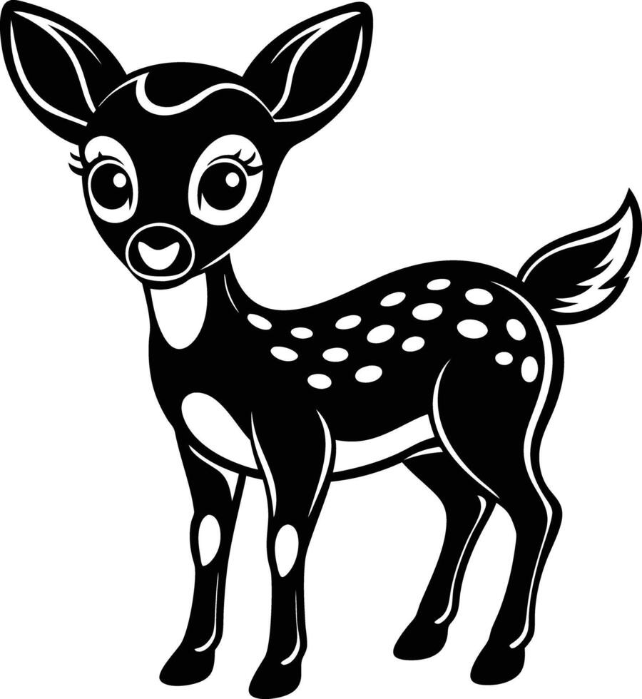 2D Cute Adorable Baby Deer Black and White Silhouette on White Transparent Background for Children's Cartoon Book vector