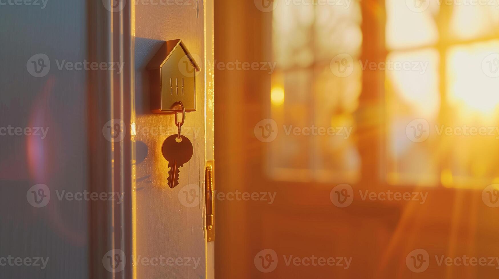 Opening door with golden house key chain on fuzzy interior photo