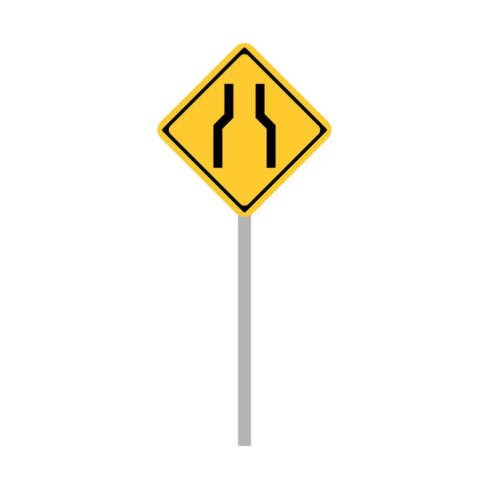 Road narrows sign with pole. vector