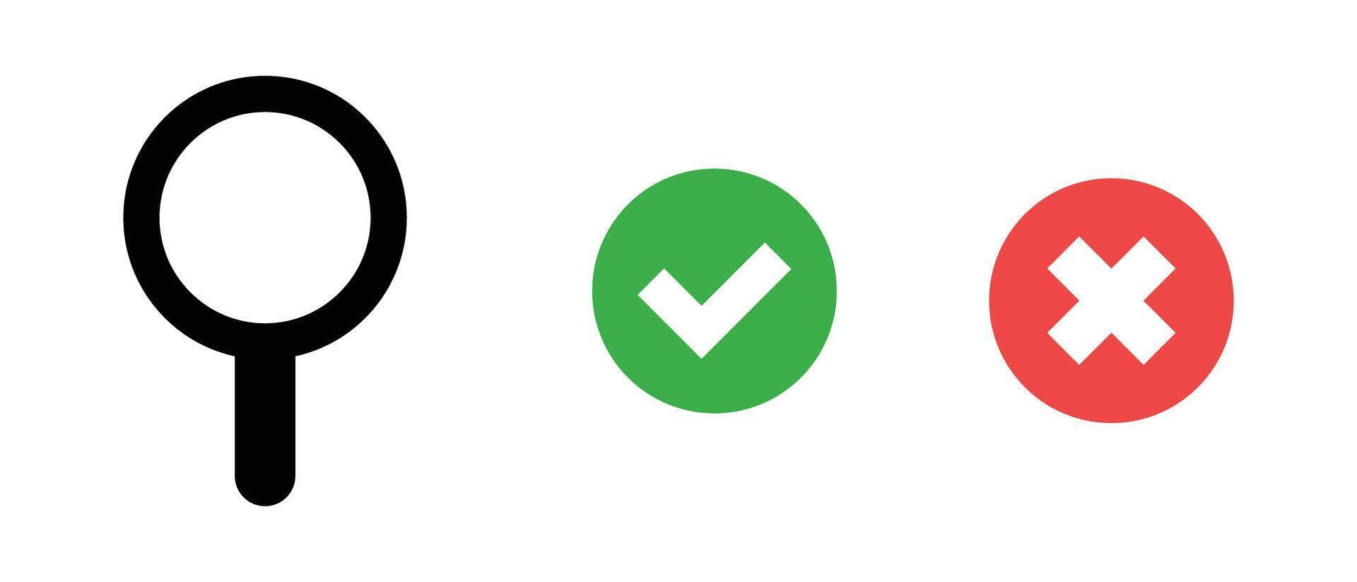 Magnifying glass, check mark and cross mark icon set. vector