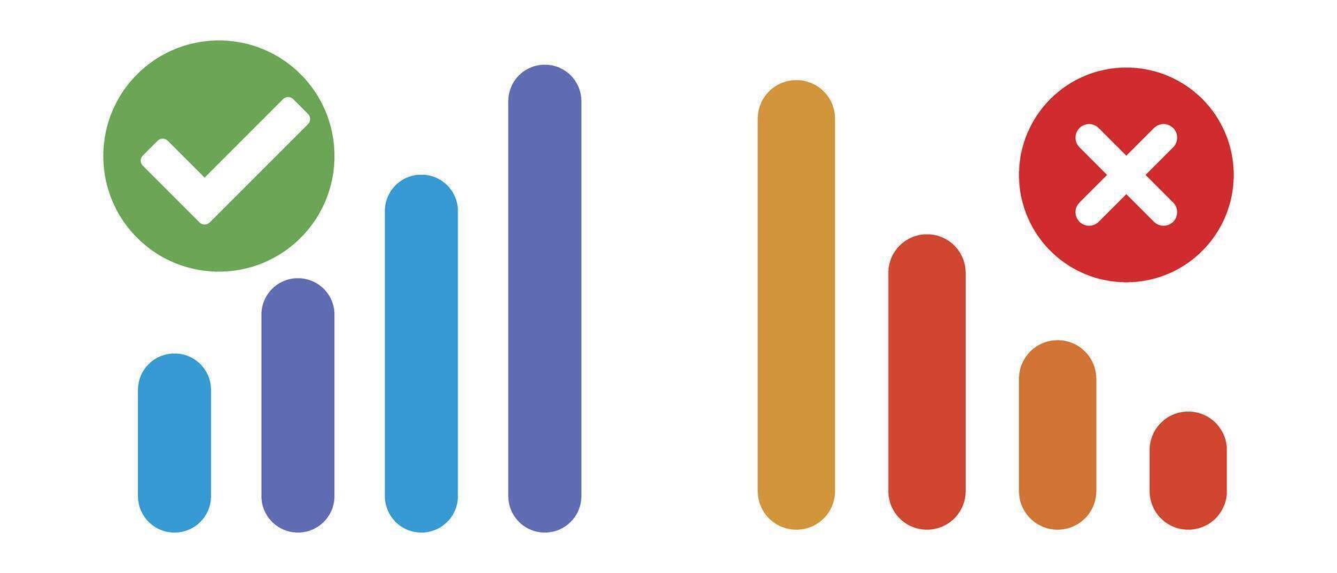 Bar graph with check mark, bar chart with cross mark vector