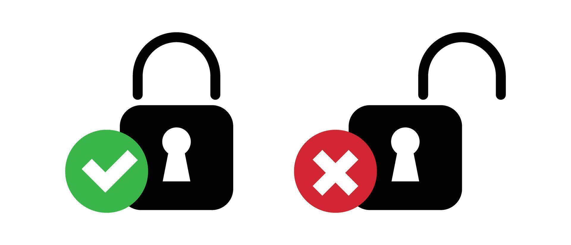 Locked and unlocked icons. Security icon with check mark and cross mark. vector