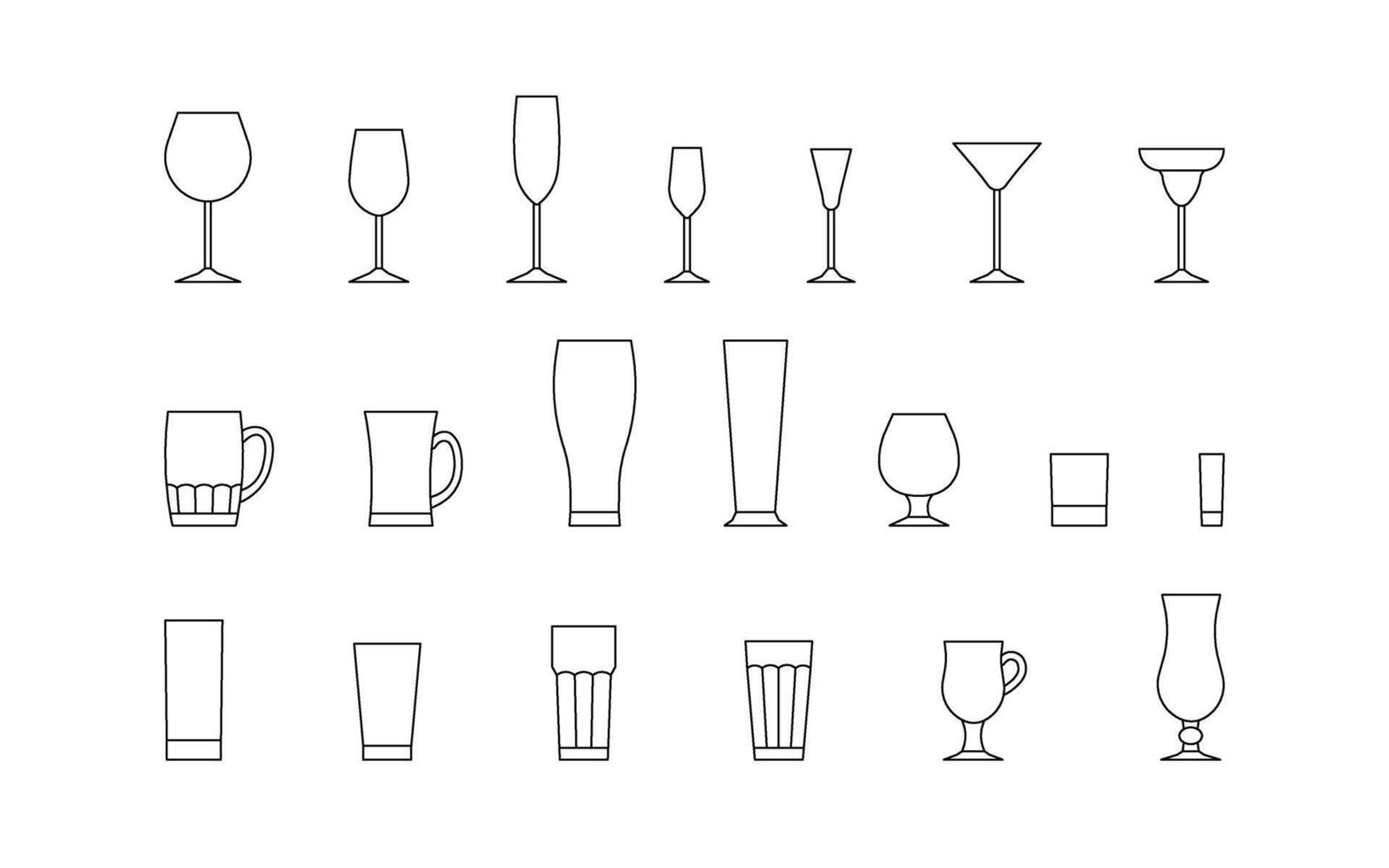 Glass cup for alcohol drink, line empty icon set. Beverage and cocktail in beer mug, wineglass, cup and other drink glassware. Outline sign of glass utensil, editable stroke. illustration vector
