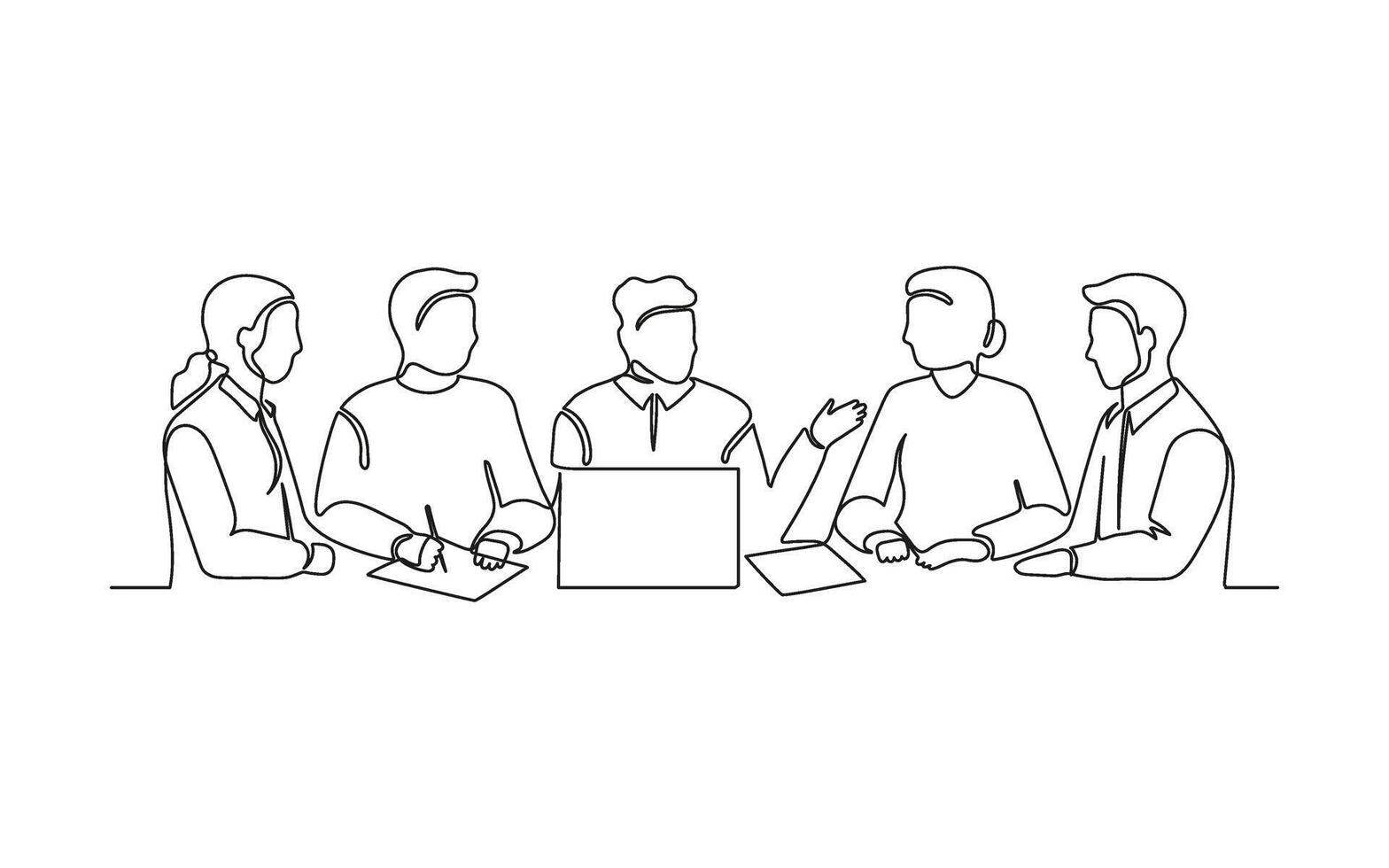 Business meeting of group office people, work on laptop, continuous one line drawing. Teamwork, learning or business talking, partnership in work. Simple single minimalism outline style. illustration vector