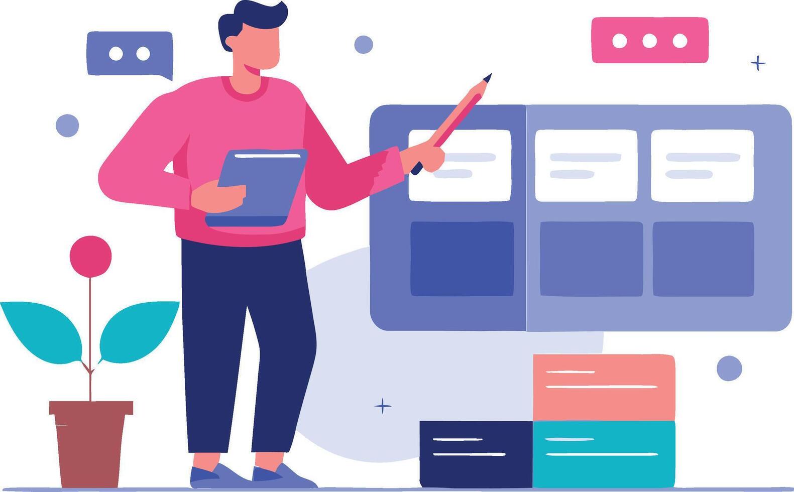 Mastering Web Design, A Man in a Blue Shirt Works Diligently on UI and UX Development, Organizing Content to Enhance User Experience in the Digital Realm of Web Pages vector