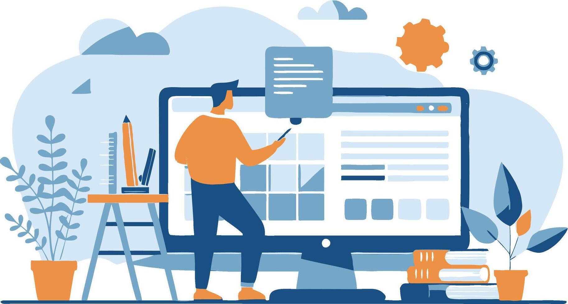 Man building website with big monitor screen vector