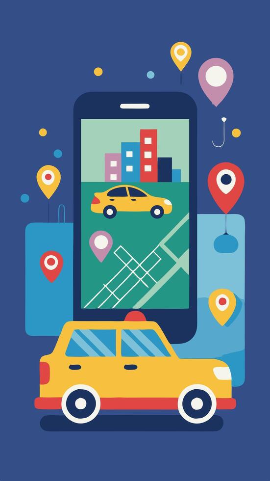 Online Taxi Concept, Smartphone App for Taxi Service, Car Rent and Sharing, Remote Vehicle Sharing with Navigation Pin, City Map Route and Location Points vector