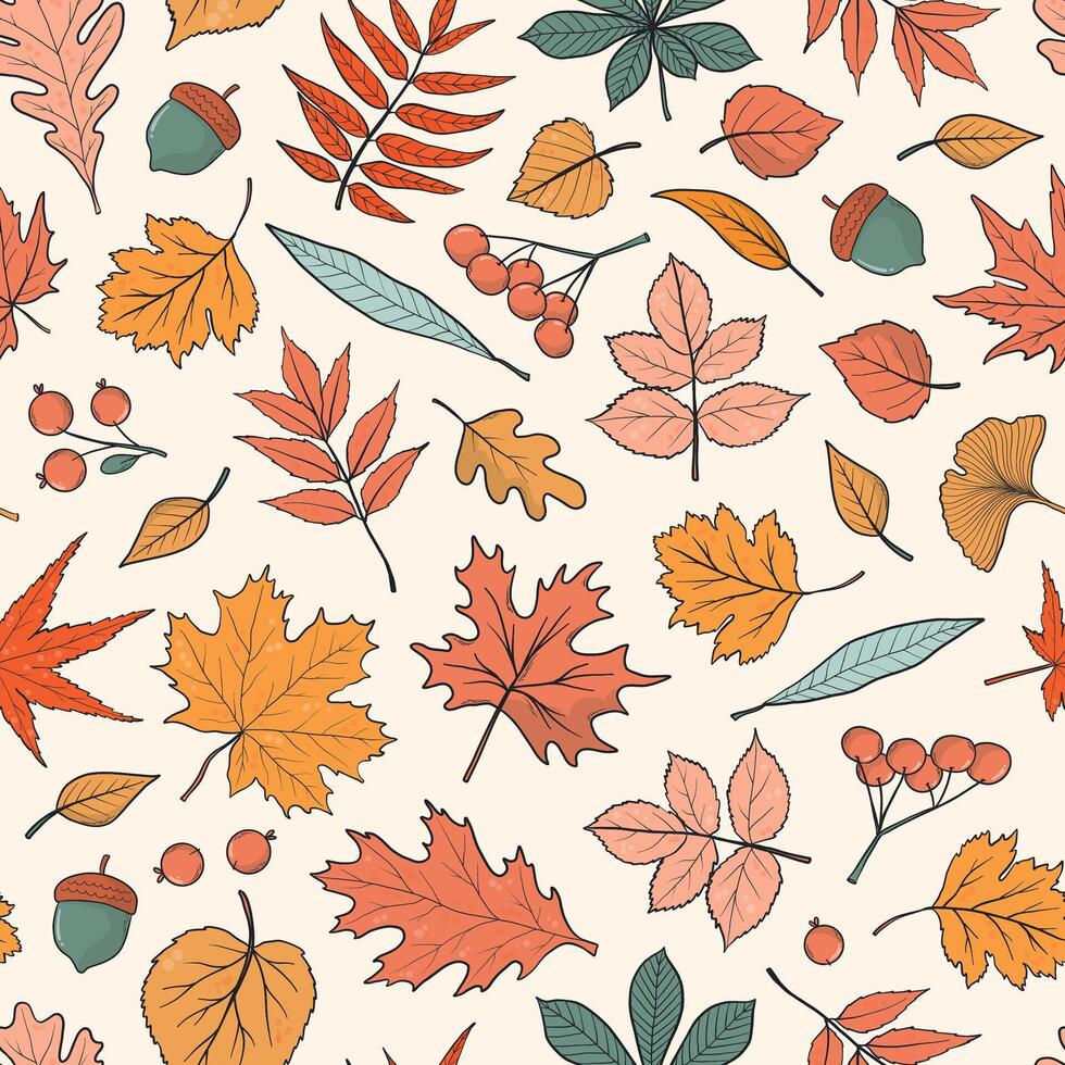 Autumn hand drawn leaves seamless pattern with cartoon elements for prints, cards, posters, wallpaper, wrapping paper, scrapbooking, stationery, etc. EPS 10 vector