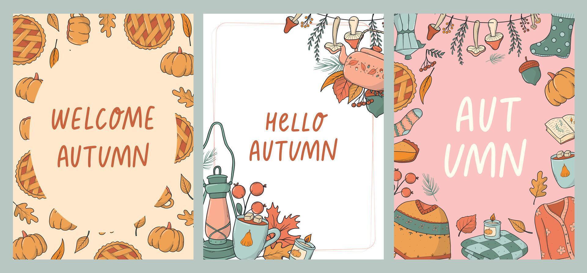 Autumn cards, posters, banner collection decorated with lettering quotes and doodles. Good for templates, invitations, prints, etc. EPS 10 vector