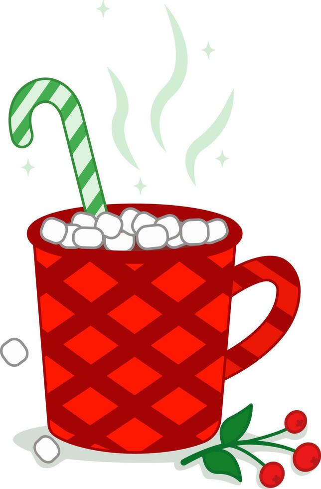 Hot chocolate with Christmas lollipops and marshmallows in a red cup. illustration. Merry Christmas and Happy New Year cup with sweets. Cartoon-style illustration.Elements of design. vector