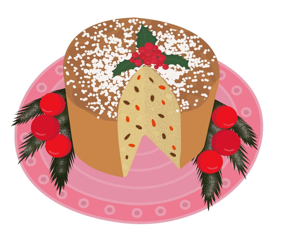 Christmas traditional sweet bread cake Panettone.Italian Panettone Christmas cake. Traditional sweet bread. Colorful cartoon-style illustration for a cafe, bakery, restaurant menu or logo and label. vector