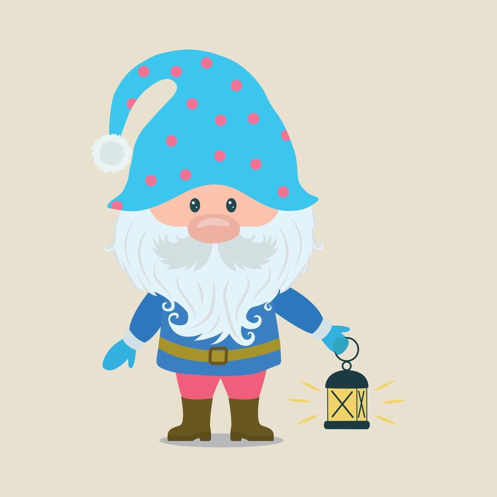 A cute little gnome in a blue hat. A hand-drawn sketch of a garden gnome. illustration from a cartoon. A cute dwarf character with a lantern. Children's illustration. vector