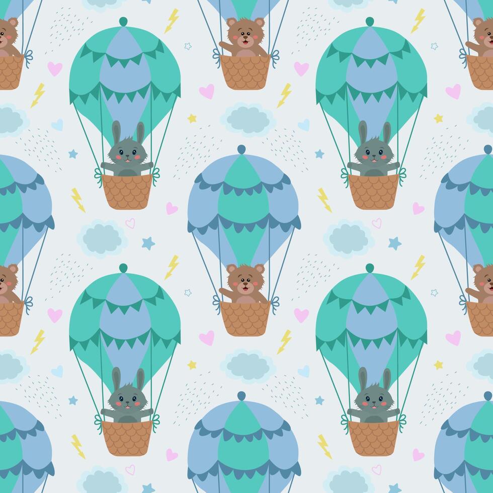 seamless pattern with rabbits and bears on a balloon. illustration with animals for children. It is used for printing on children's fabrics, wallpaper, textiles, design. vector