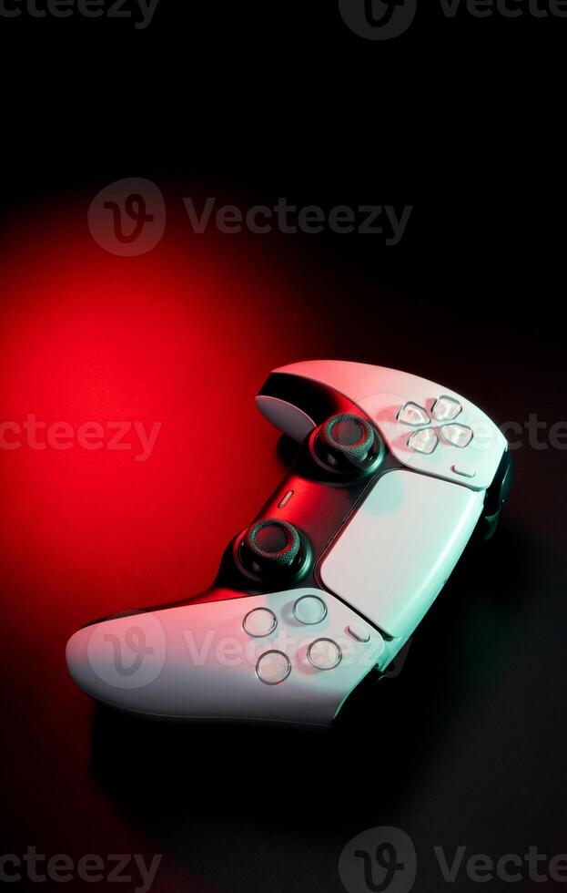 Modern white gamepad illuminated in red and blue. Game controller for games and e-sports on a dark back. photo