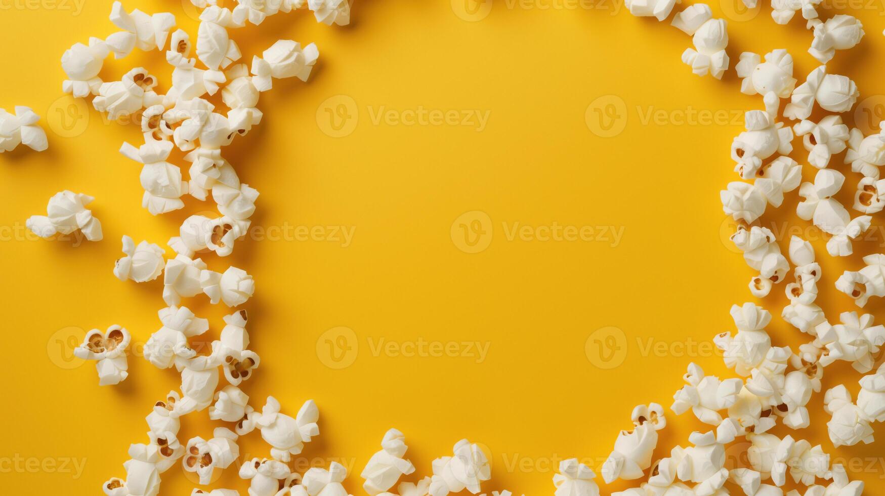 Popcorn scattered on a yellow background. A classic movie theater snack. View from above. photo