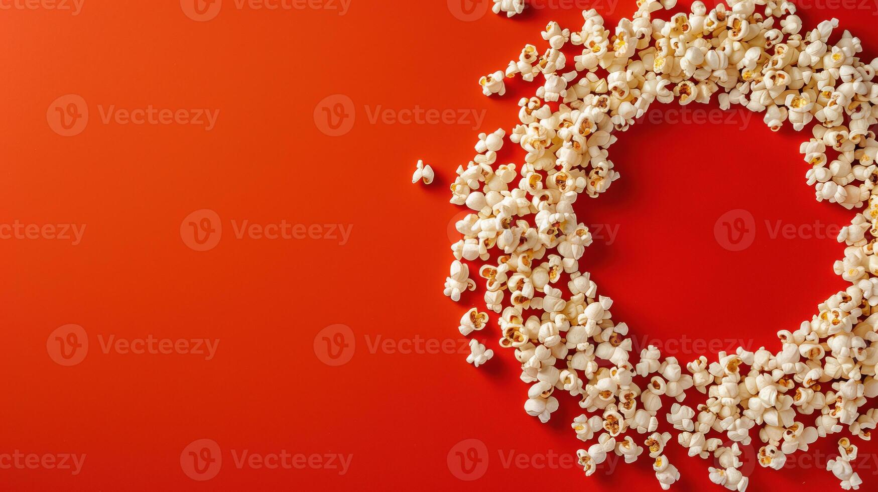 Popcorn scattered on a red background. A classic movie theater snack. View from above. photo