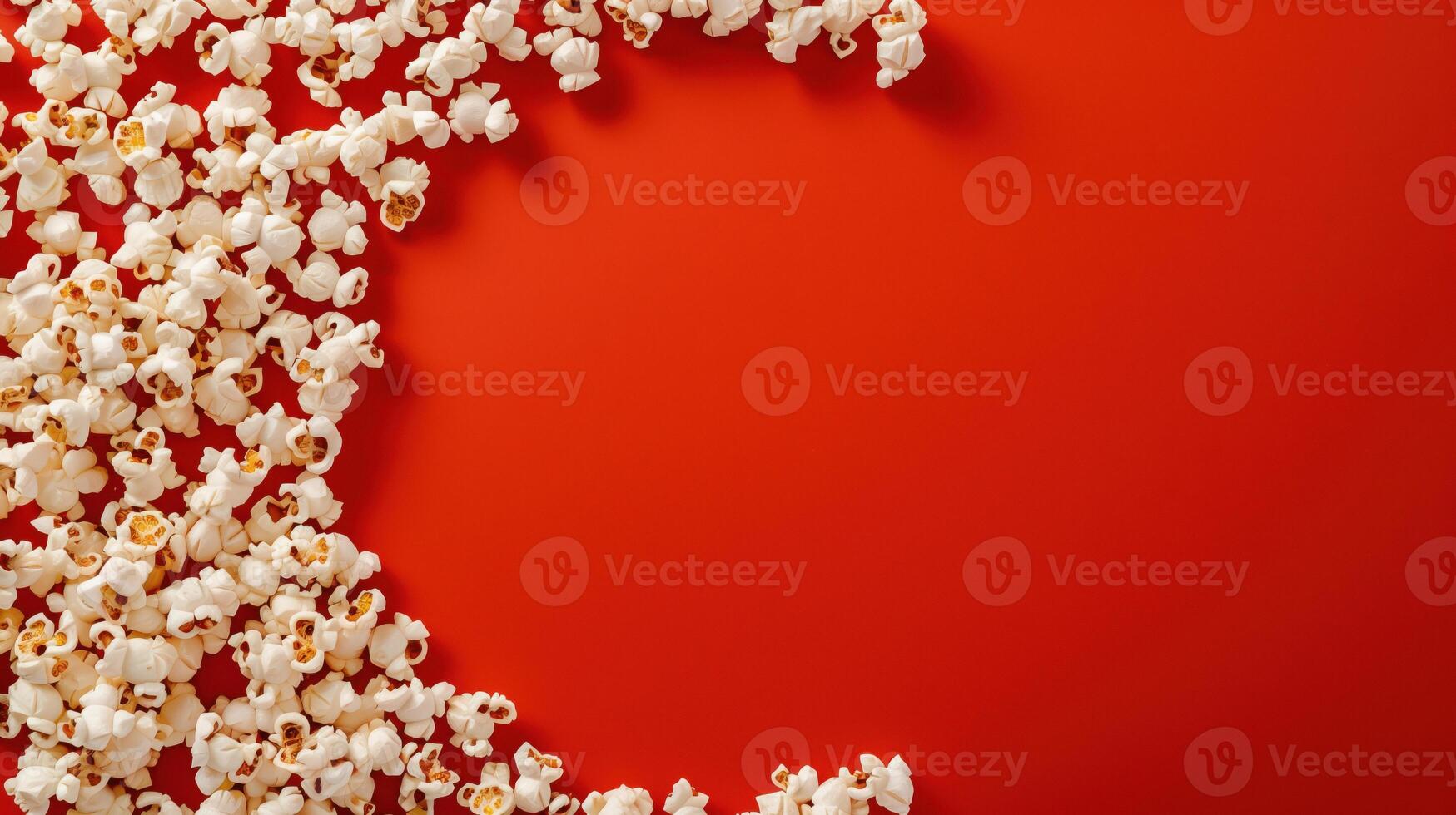 Popcorn scattered on a red background. A classic movie theater snack. View from above. photo