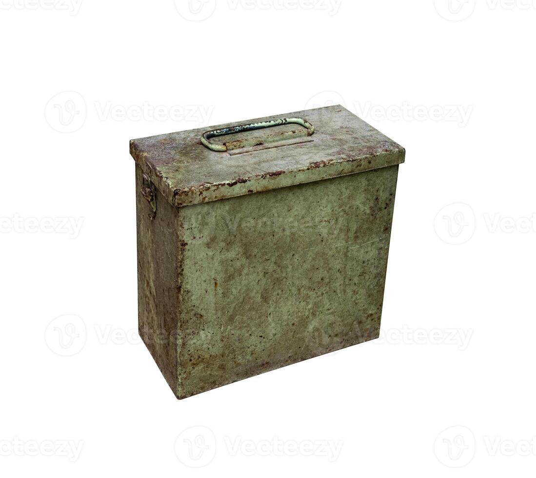 Old metal military box isolate on a white background. Green rusty drawer with handle and lock. photo