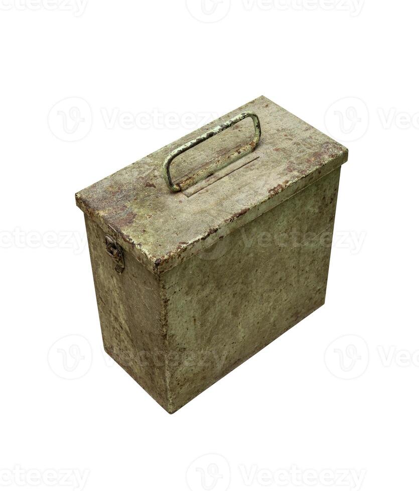 Old metal military box isolate on a white background. Green rusty drawer with handle and lock. photo