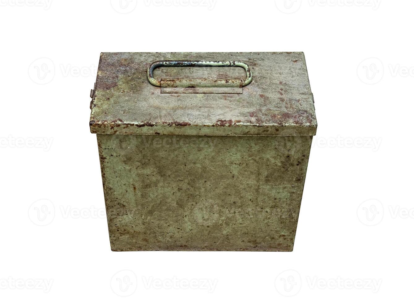 Old metal military box isolate on a white background. Green rusty drawer with handle and lock. photo