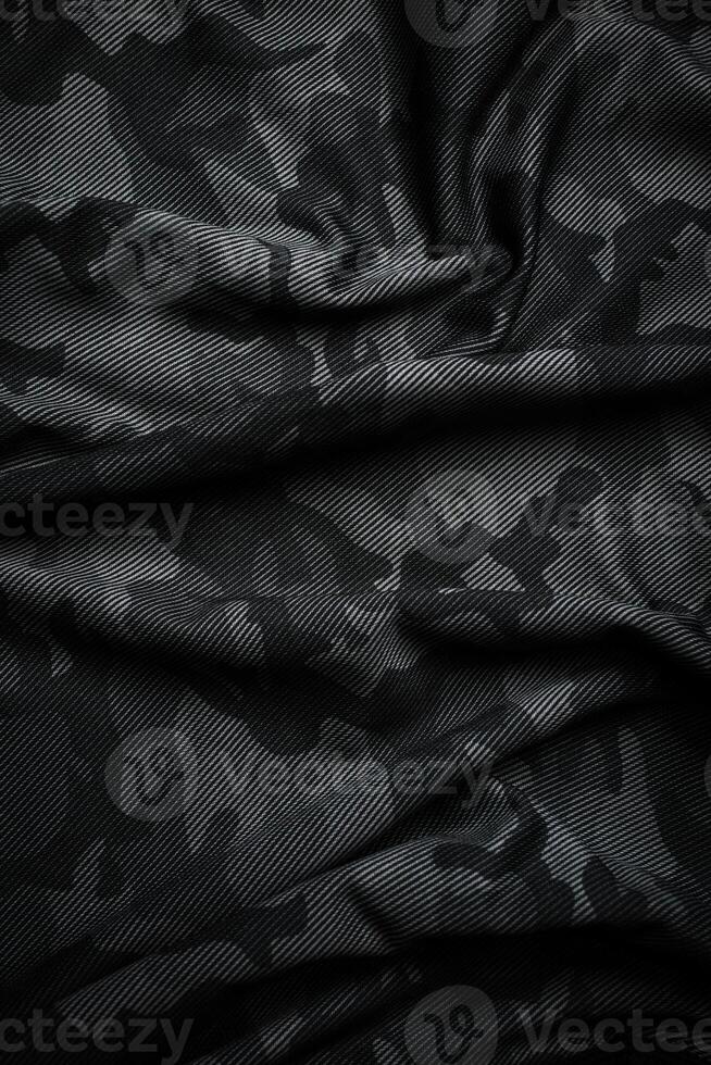 Camouflage pattern. Trendy dark gray camouflage fabric. Military texture. Dark back. photo