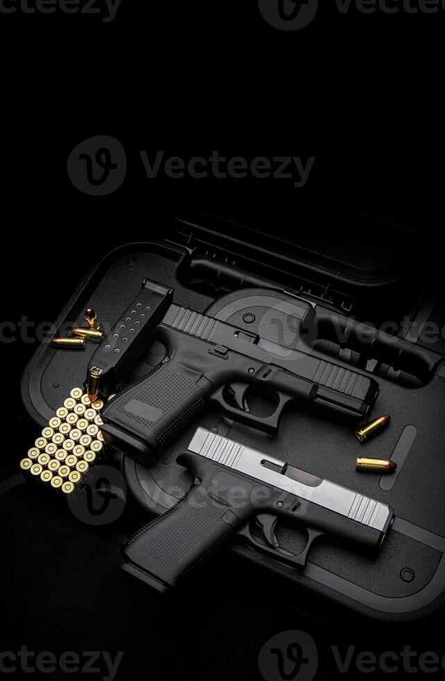 Modern semi-automatic pistols. A short-barreled weapon for self-defense. Arming the police, special units and the army. Isolate on a white back. photo