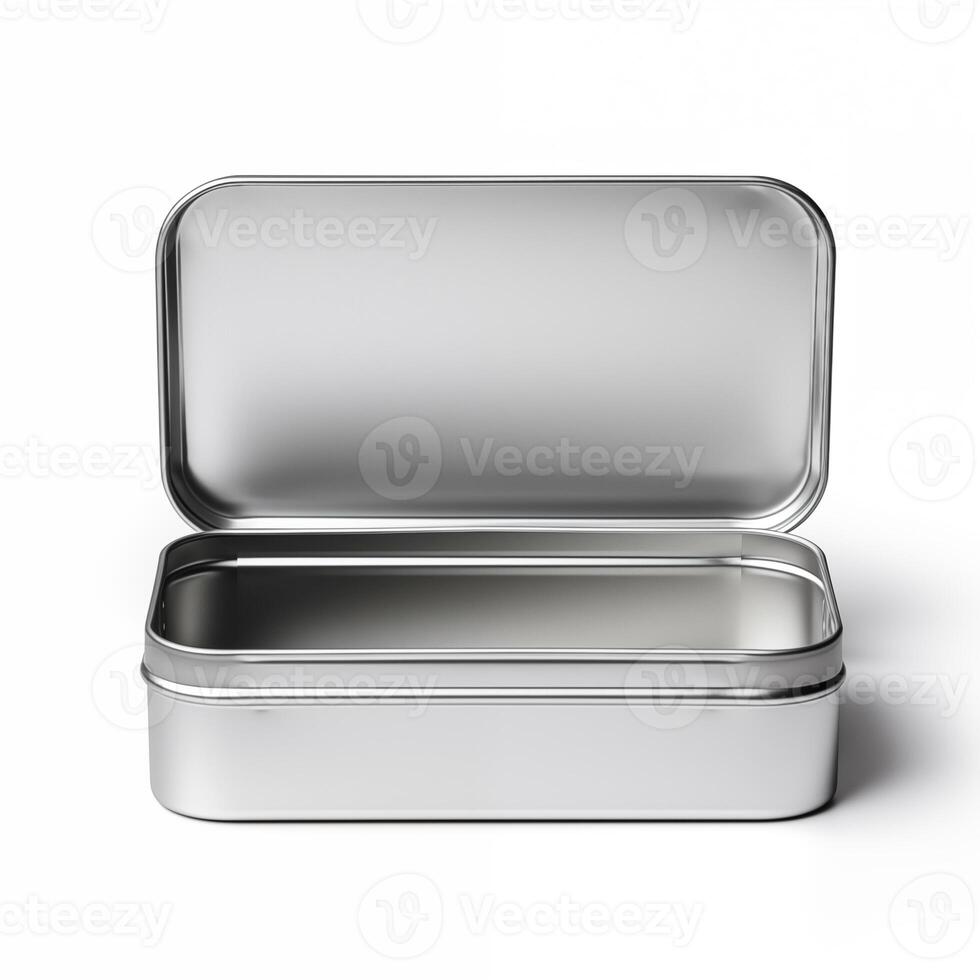 Rectangular tin box with an open lid. Metal box for various purposes. Isolate on a white back photo