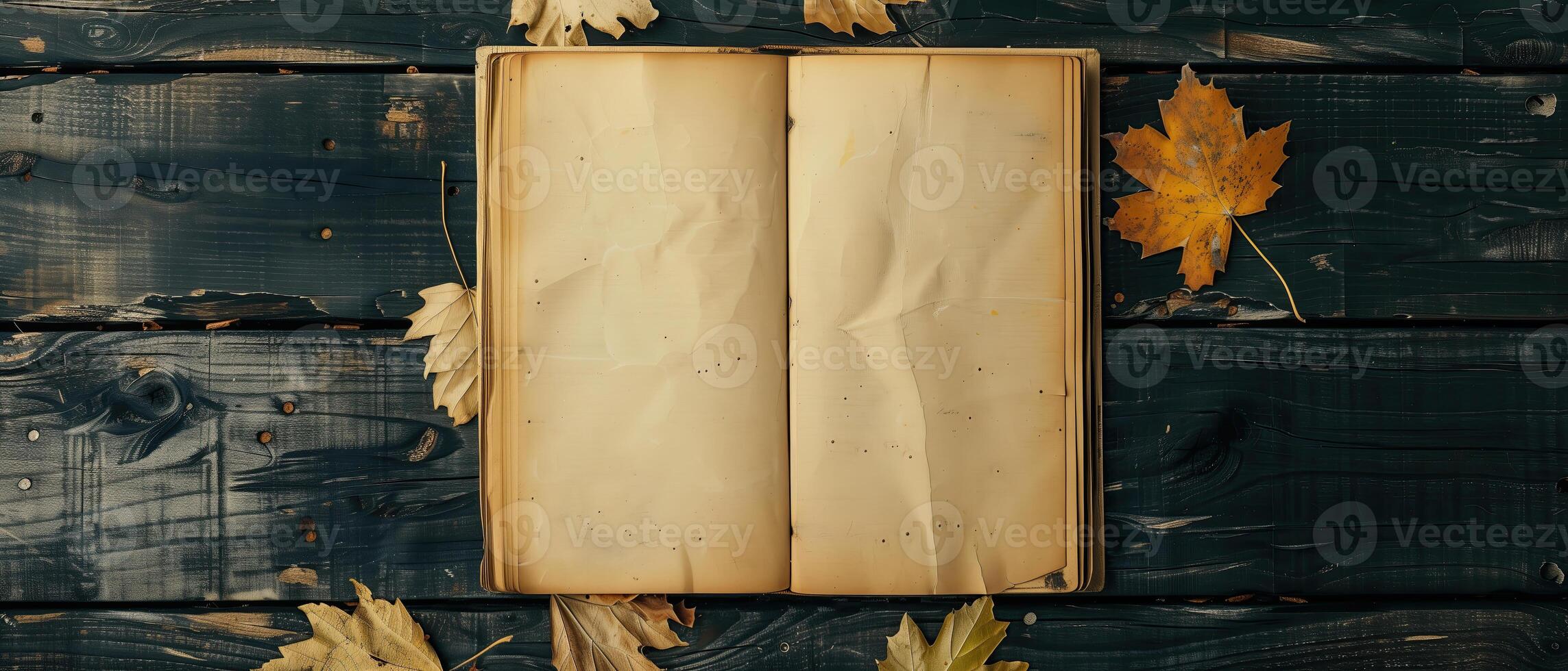 Vintage book, open, on old wooden table. Withered leaves around. Open Book blank on old wooden back. book with blank pages photo