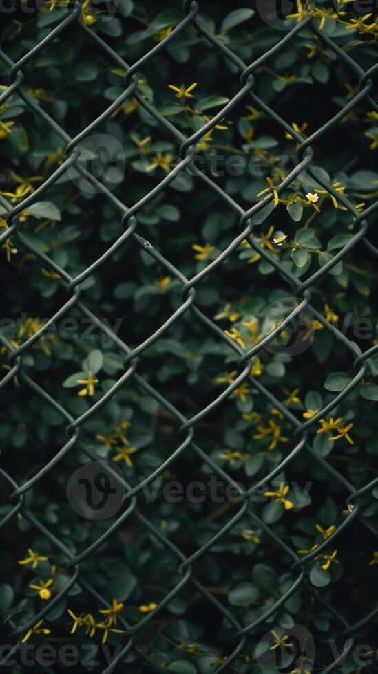 Black netting with green shoots of plants growing through it. Small yellow flowers. Natural green back. photo