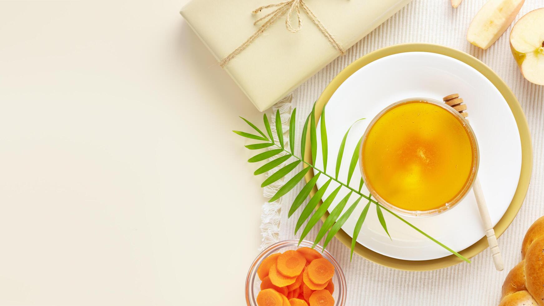 Rosh hashanah flat lay with traditional symbols and copy space photo