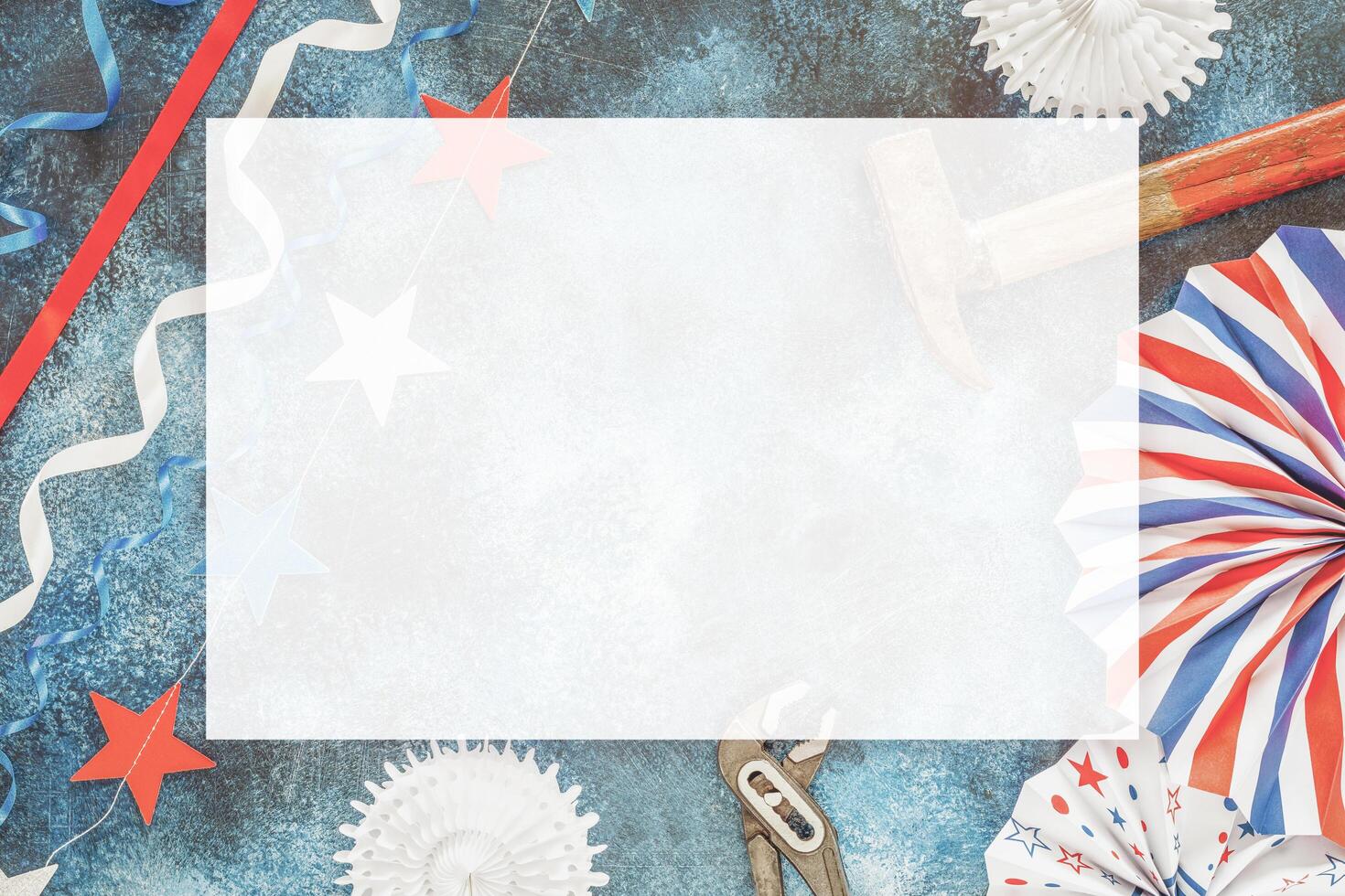 labor day background with hammer, pliers and holiday decor with empty space photo