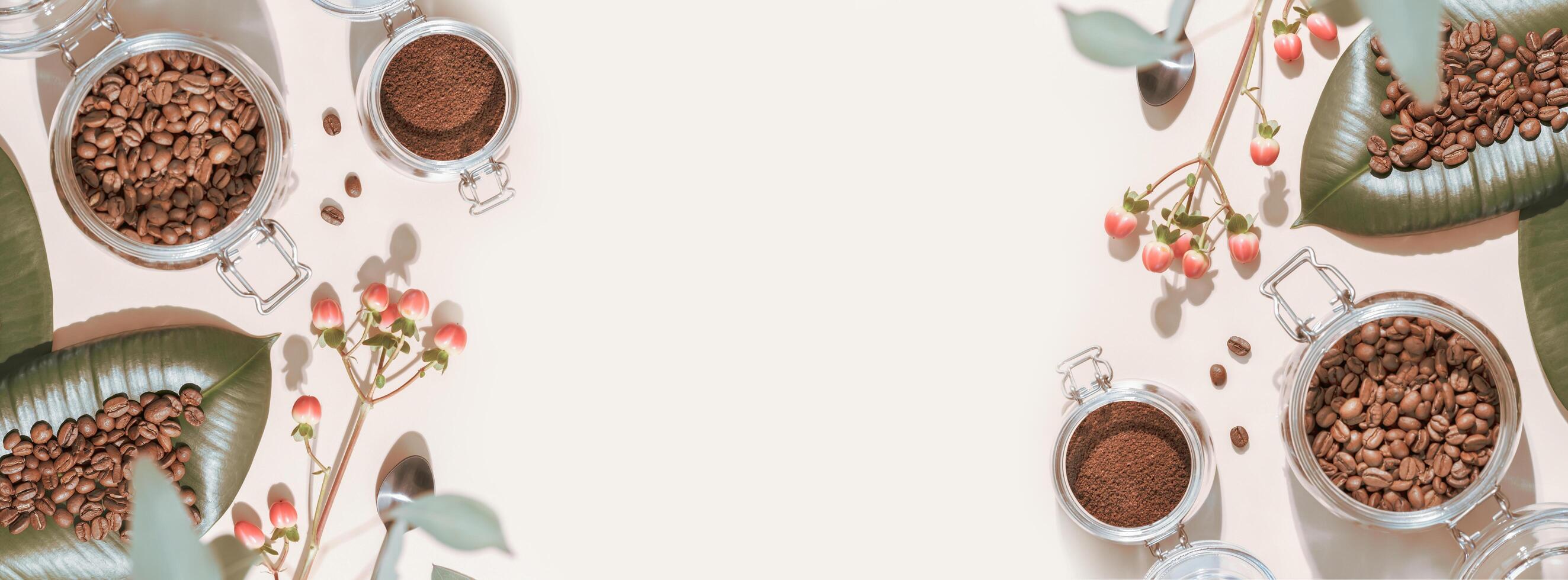 Coffee banner with coffee beans on a leaves and coffee powder photo