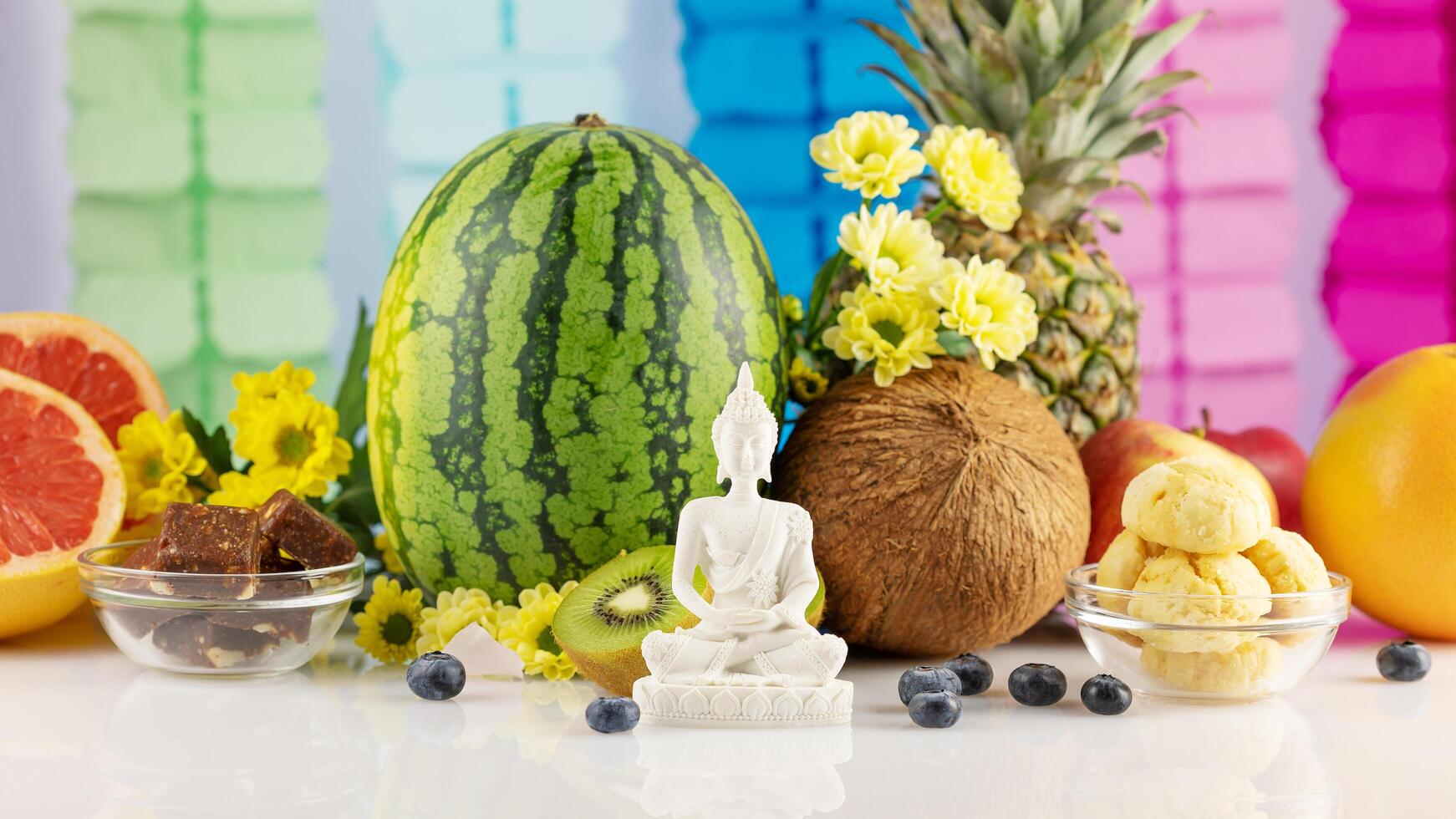 Buddha statue with fruits, candles and flowers photo