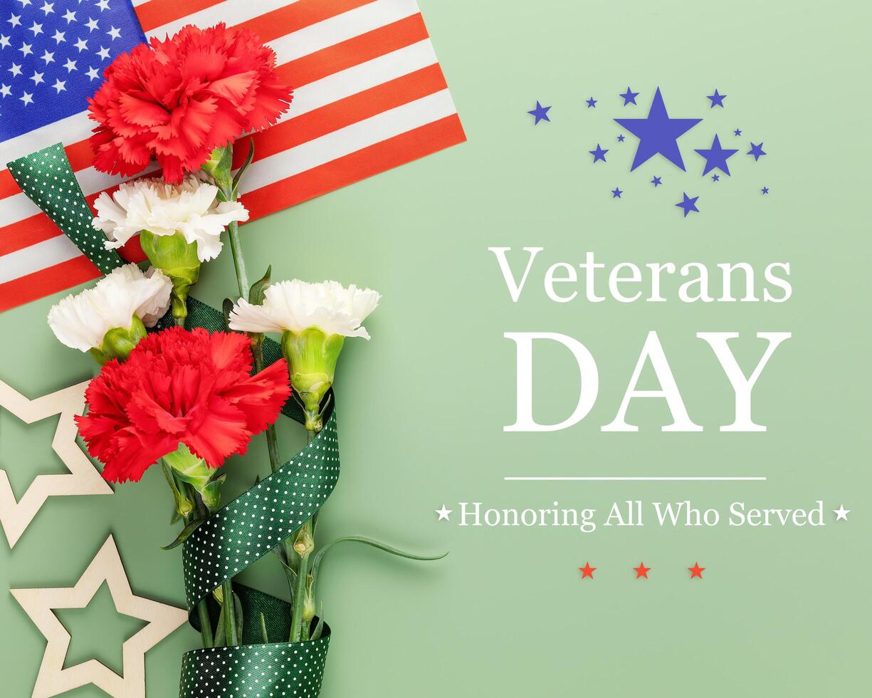 Veterans Day card with bouquet of carnations, American flag and stars photo