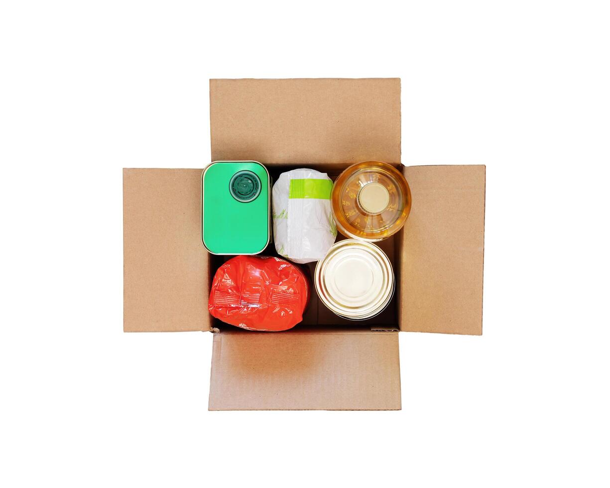 Isolated carton box with food donation, Humanitarian aid for refugees photo