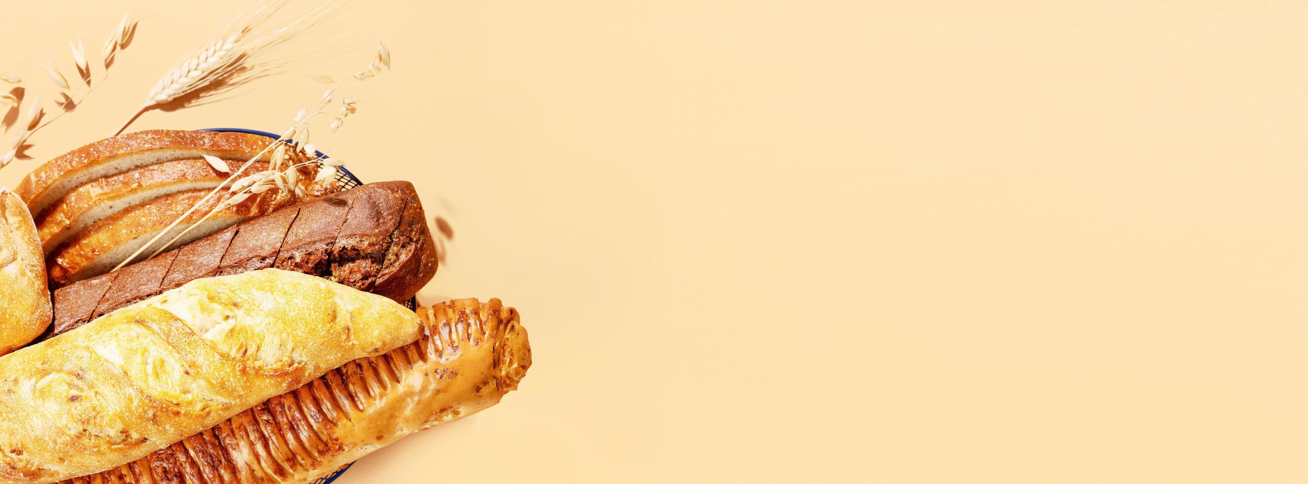 French baguettes, slices of bread and a bun with copy space photo