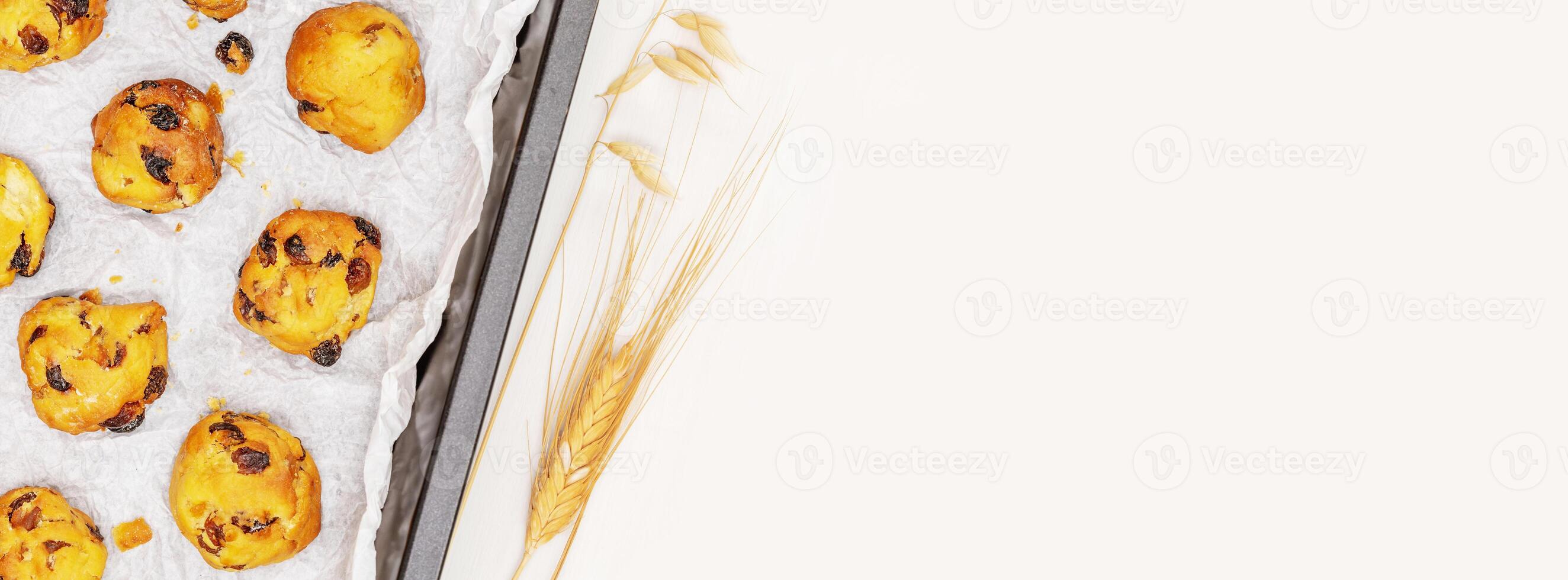Food banner with hande made cookies on a baking sheet photo