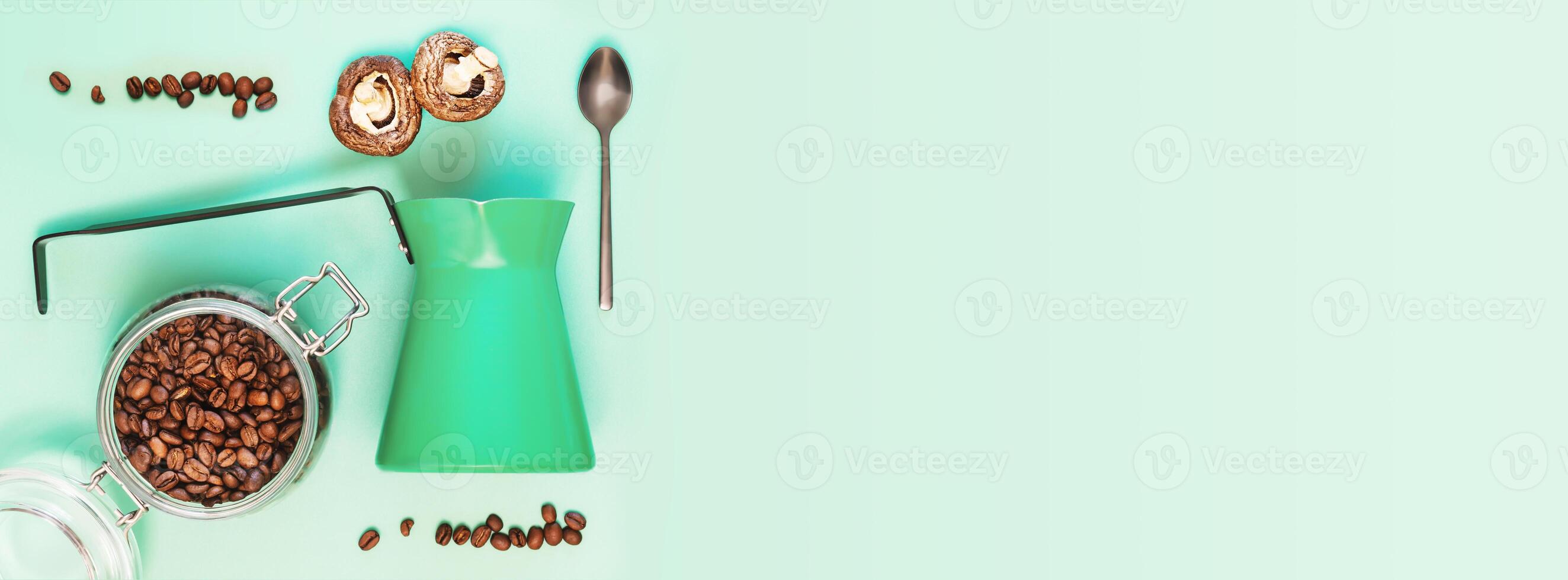 Coffee banner with cezve, spoon, fresh mushrooms, coffee beans photo