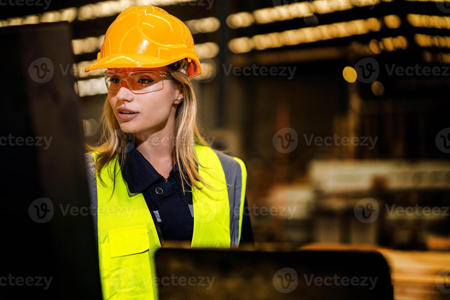 people with machinery equipment plant technology. smart industry worker operating. Factory engineer woman standing confident to control panel switch. Worker works at heavy machine at industry factory. photo