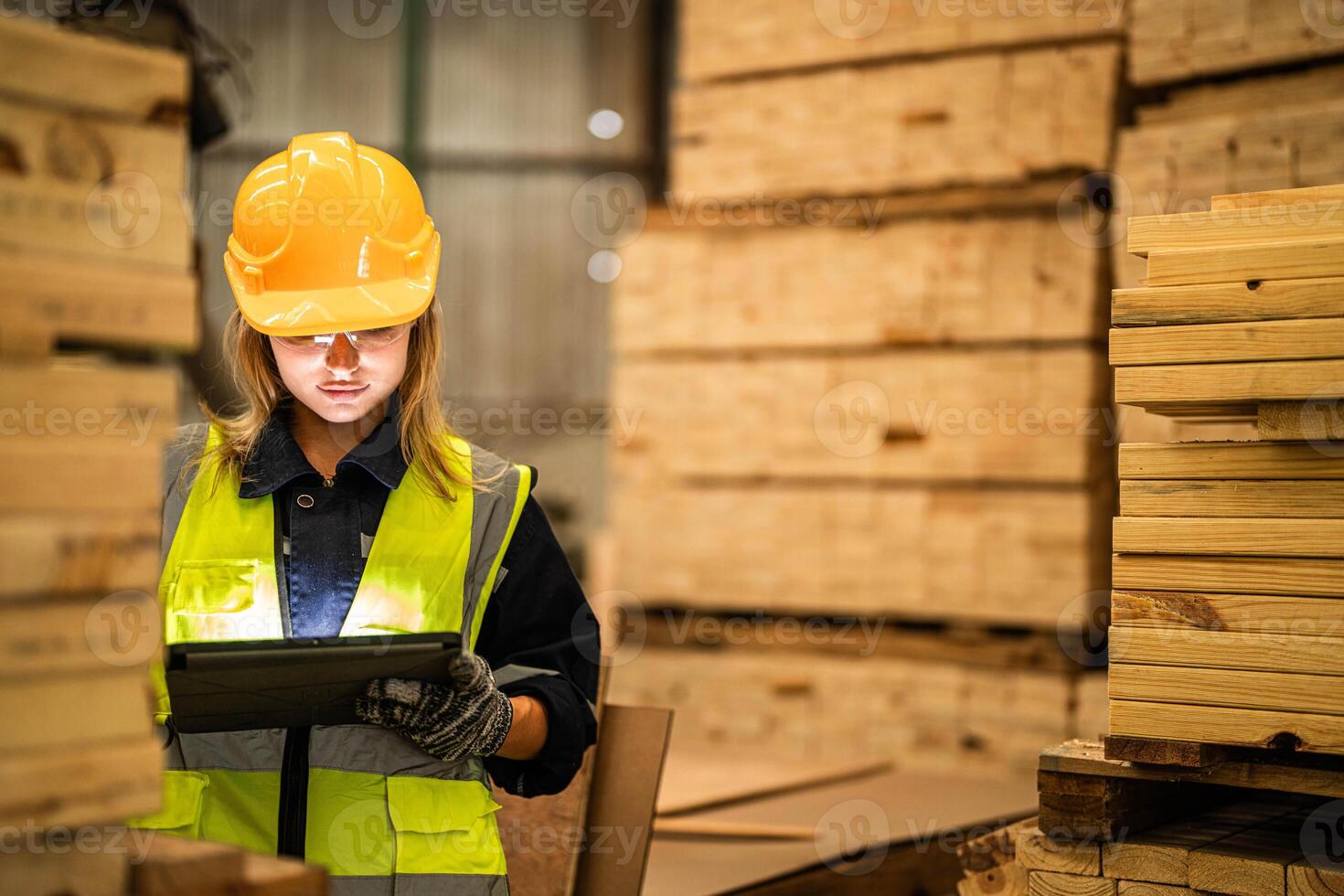 woman worker carpenter wearing safety uniform and hard hat working and checking the quality of wooden products at workshop manufacturing. man and woman workers wood in dark warehouse industry. photo