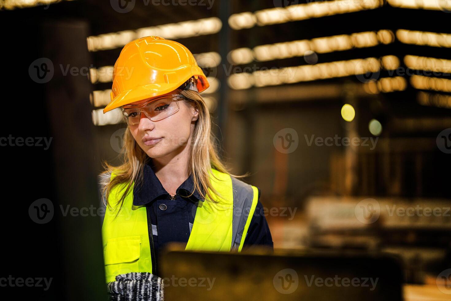 people with machinery equipment plant technology. smart industry worker operating. Factory engineer woman standing confident to control panel switch. Worker works at heavy machine at industry factory. photo