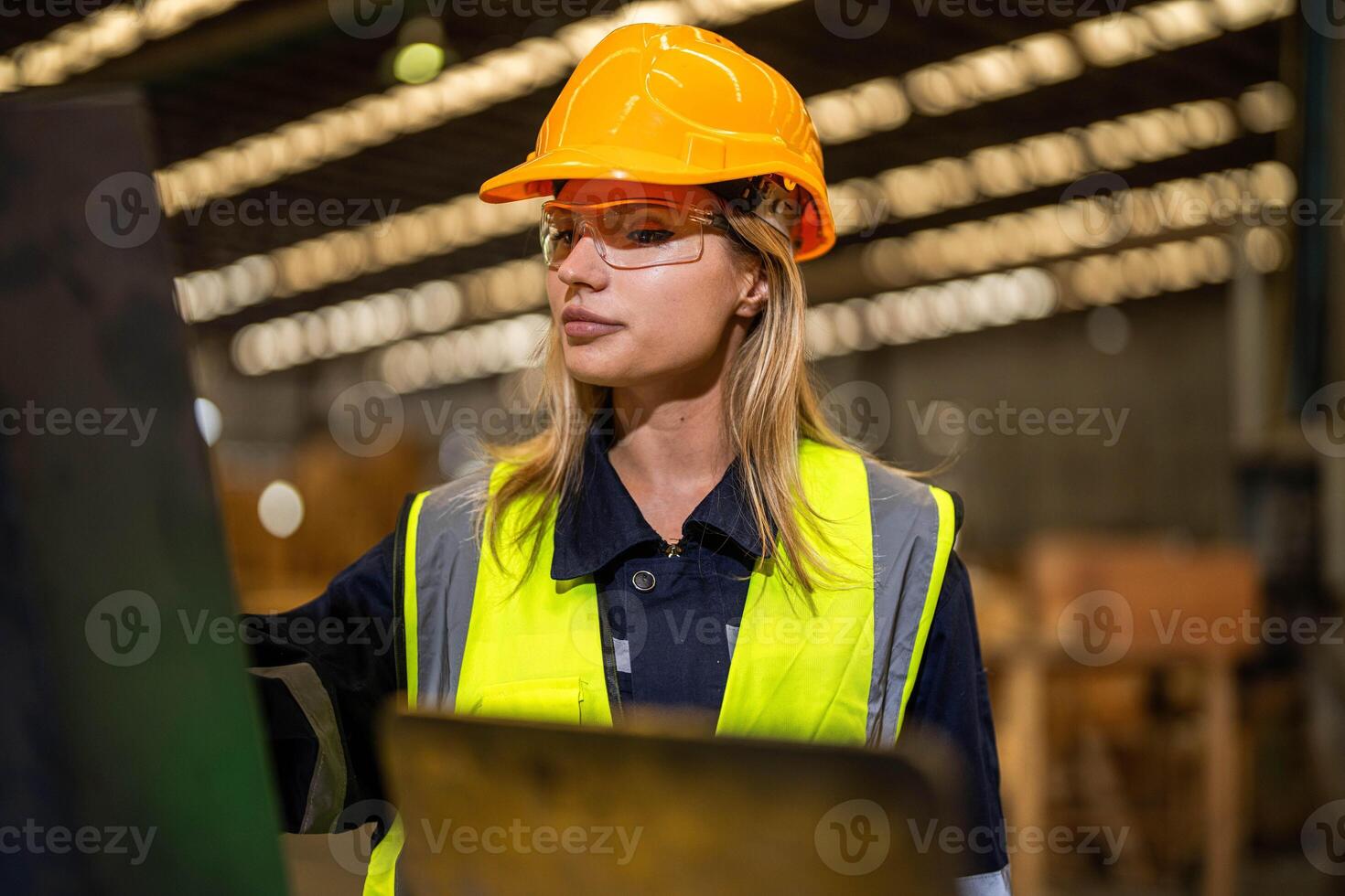people with machinery equipment plant technology. smart industry worker operating. Factory engineer woman standing confident to control panel switch. Worker works at heavy machine at industry factory. photo