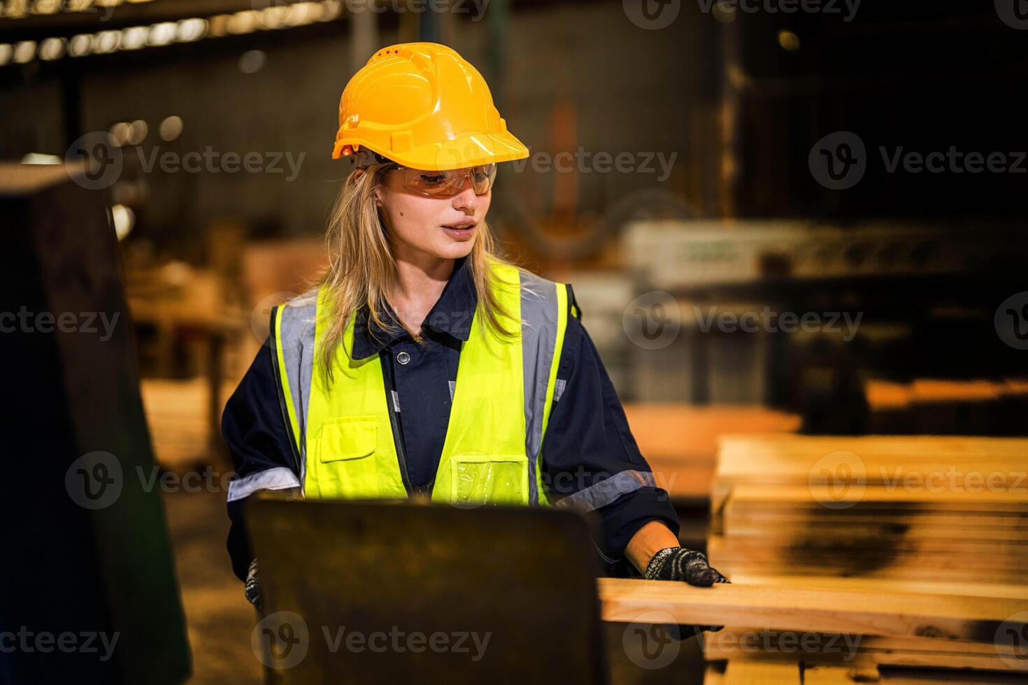 people with machinery equipment plant technology. smart industry worker operating. Factory engineer woman standing confident to control panel switch. Worker works at heavy machine at industry factory. photo
