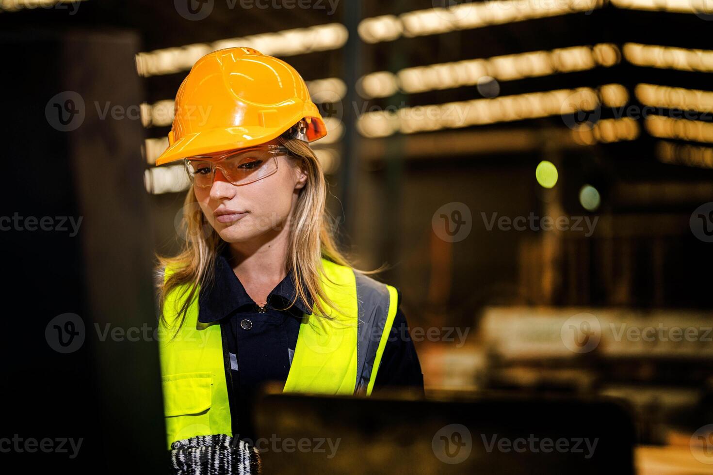 people with machinery equipment plant technology. smart industry worker operating. Factory engineer woman standing confident to control panel switch. Worker works at heavy machine at industry factory. photo
