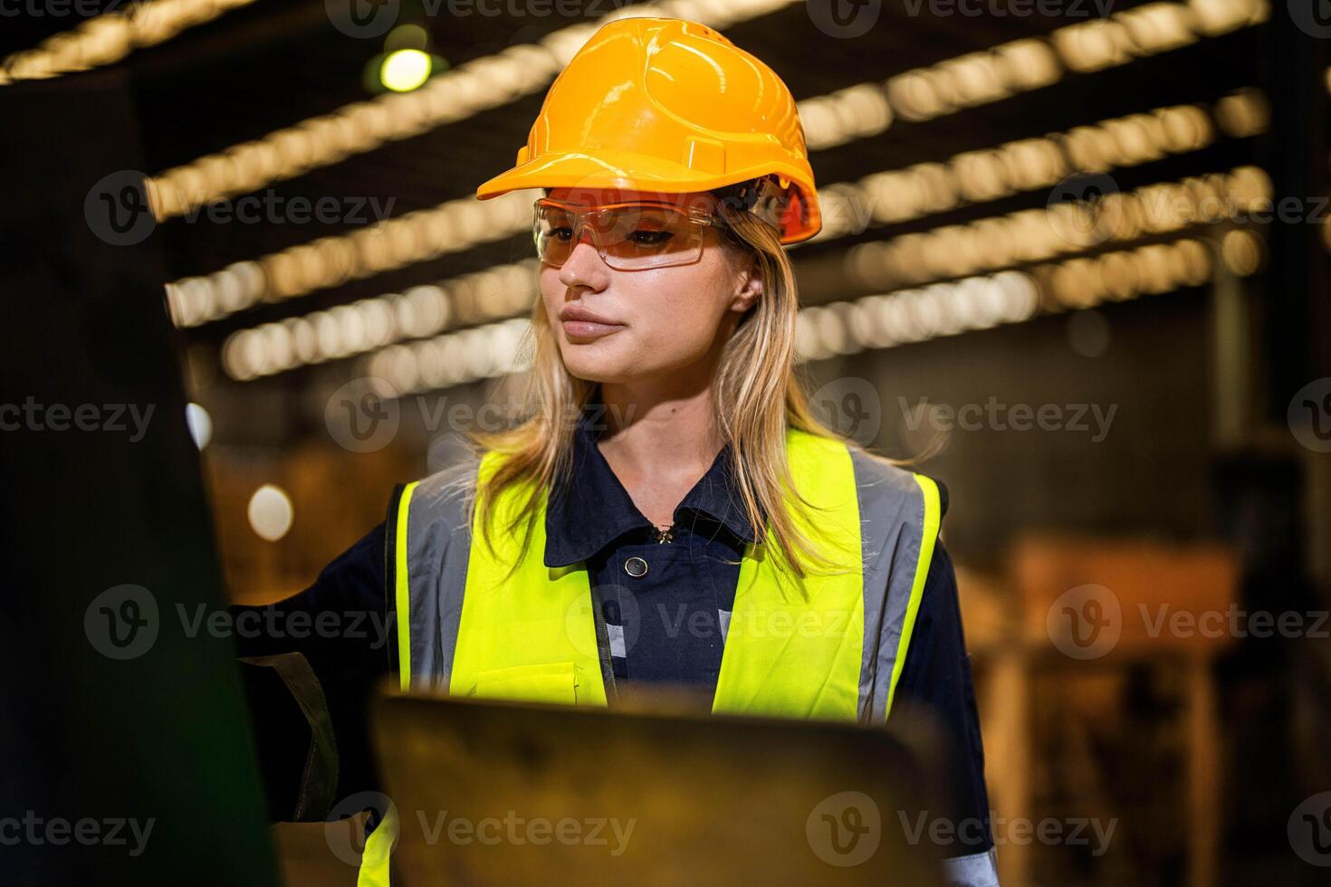 people with machinery equipment plant technology. smart industry worker operating. Factory engineer woman standing confident to control panel switch. Worker works at heavy machine at industry factory. photo